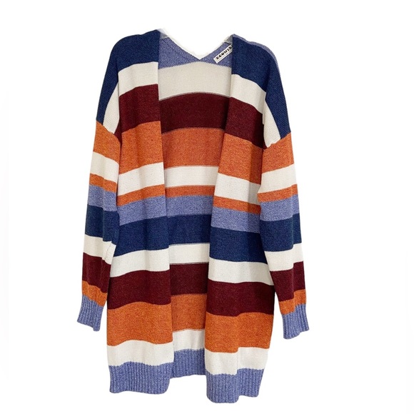 ECOWISH Color Block Stripe Brush Knit Open Cardigan Rainbow Orange Blue Medium - Picture 2 of 7